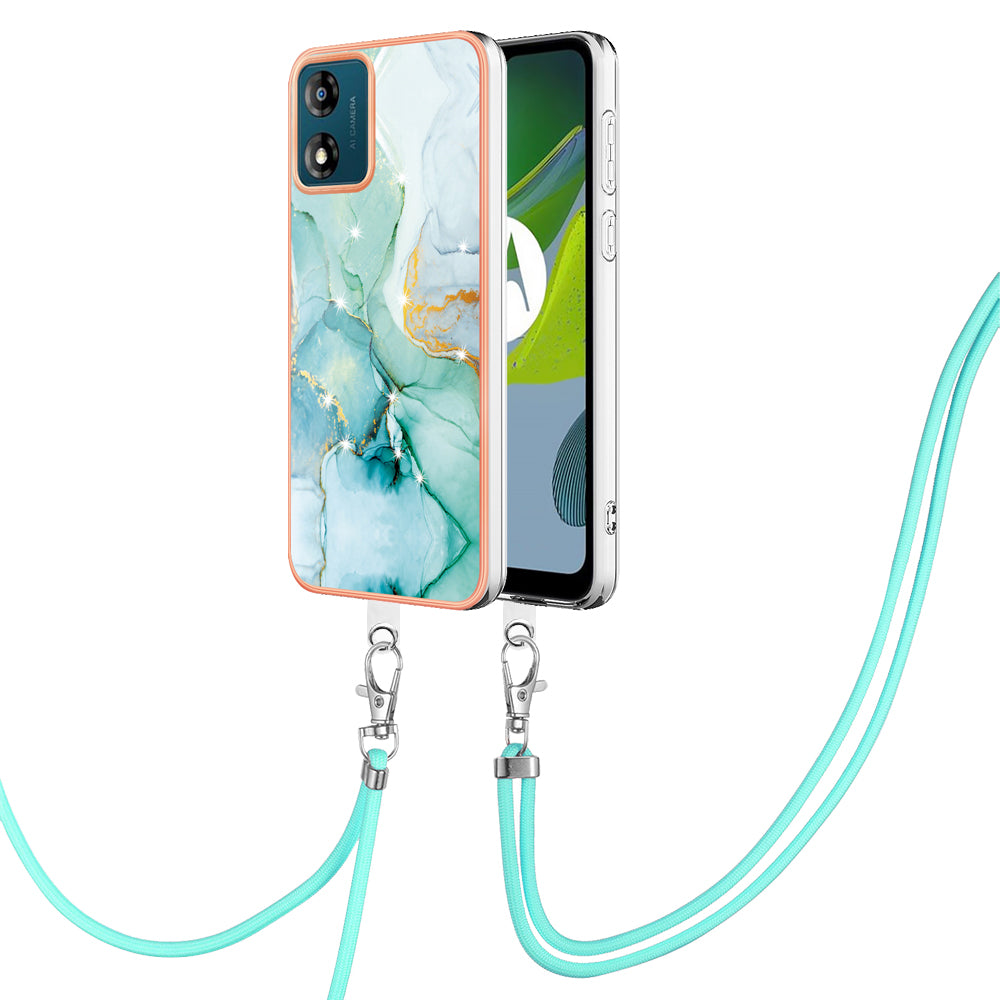 YB IMD Series-9 For Motorola Moto E13 4G IMD Marble Pattern Phone Case Electroplating TPU Anti-scratch Cover with Lanyard