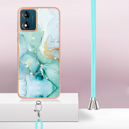 YB IMD Series-9 For Motorola Moto E13 4G IMD Marble Pattern Phone Case Electroplating TPU Anti-scratch Cover with Lanyard