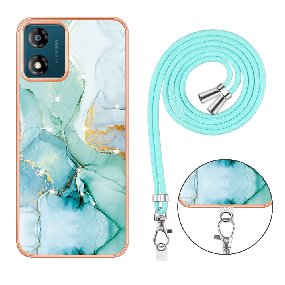 YB IMD Series-9 For Motorola Moto E13 4G IMD Marble Pattern Phone Case Electroplating TPU Anti-scratch Cover with Lanyard