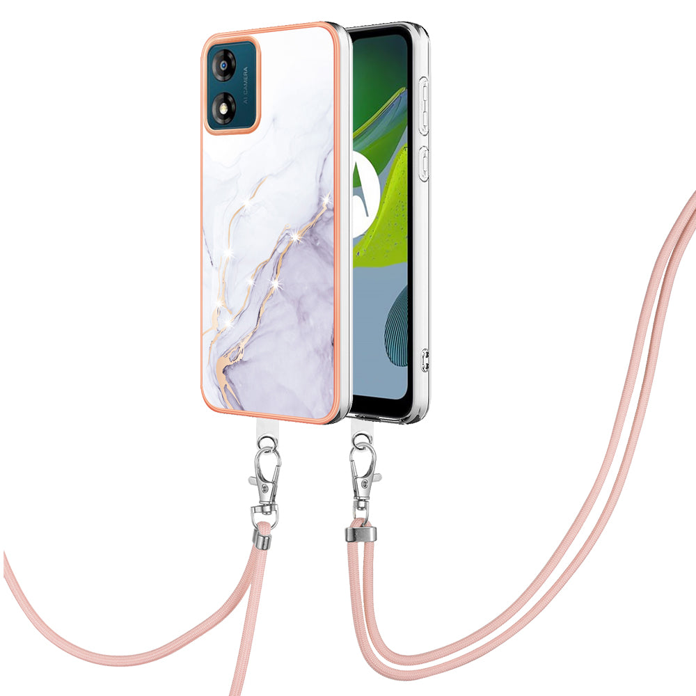 YB IMD Series-9 For Motorola Moto E13 4G IMD Marble Pattern Phone Case Electroplating TPU Anti-scratch Cover with Lanyard