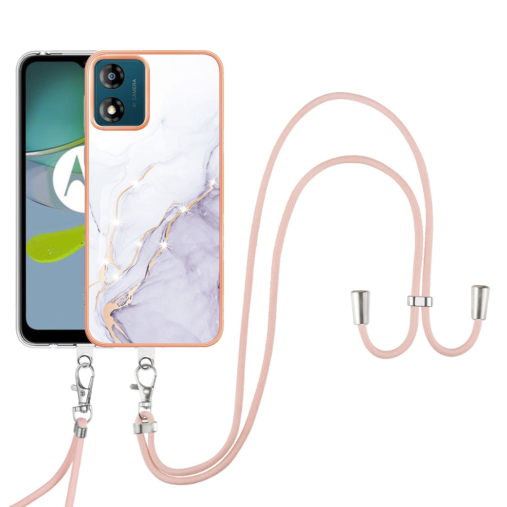 YB IMD Series-9 For Motorola Moto E13 4G IMD Marble Pattern Phone Case Electroplating TPU Anti-scratch Cover with Lanyard