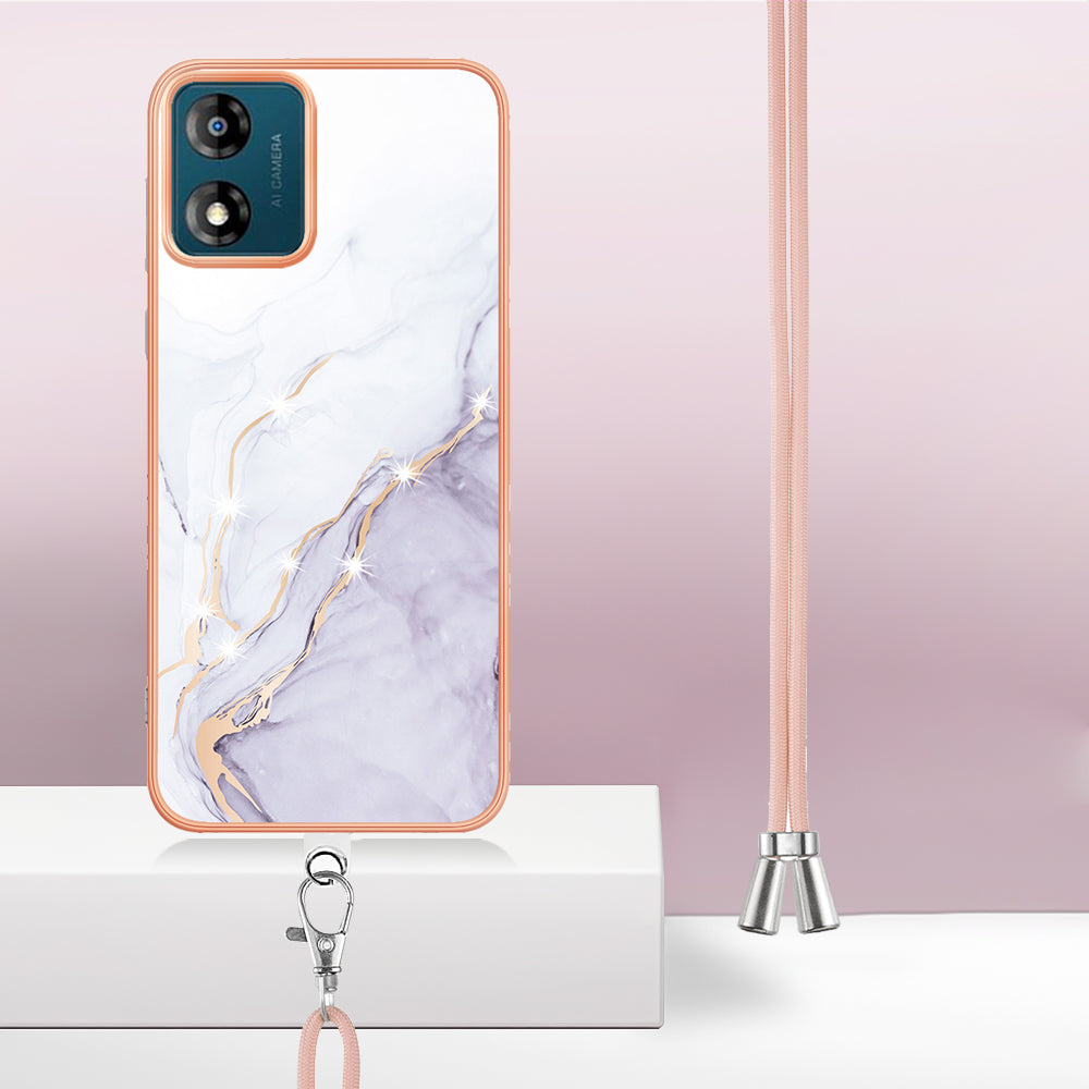YB IMD Series-9 For Motorola Moto E13 4G IMD Marble Pattern Phone Case Electroplating TPU Anti-scratch Cover with Lanyard