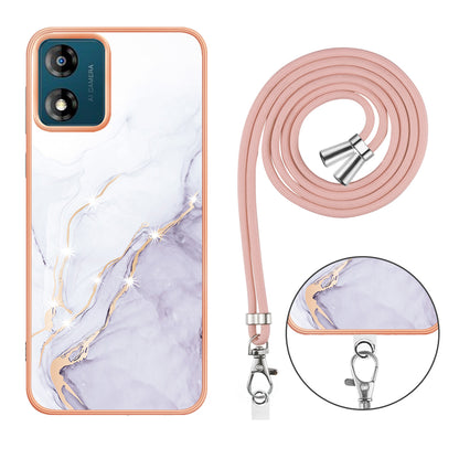 YB IMD Series-9 For Motorola Moto E13 4G IMD Marble Pattern Phone Case Electroplating TPU Anti-scratch Cover with Lanyard