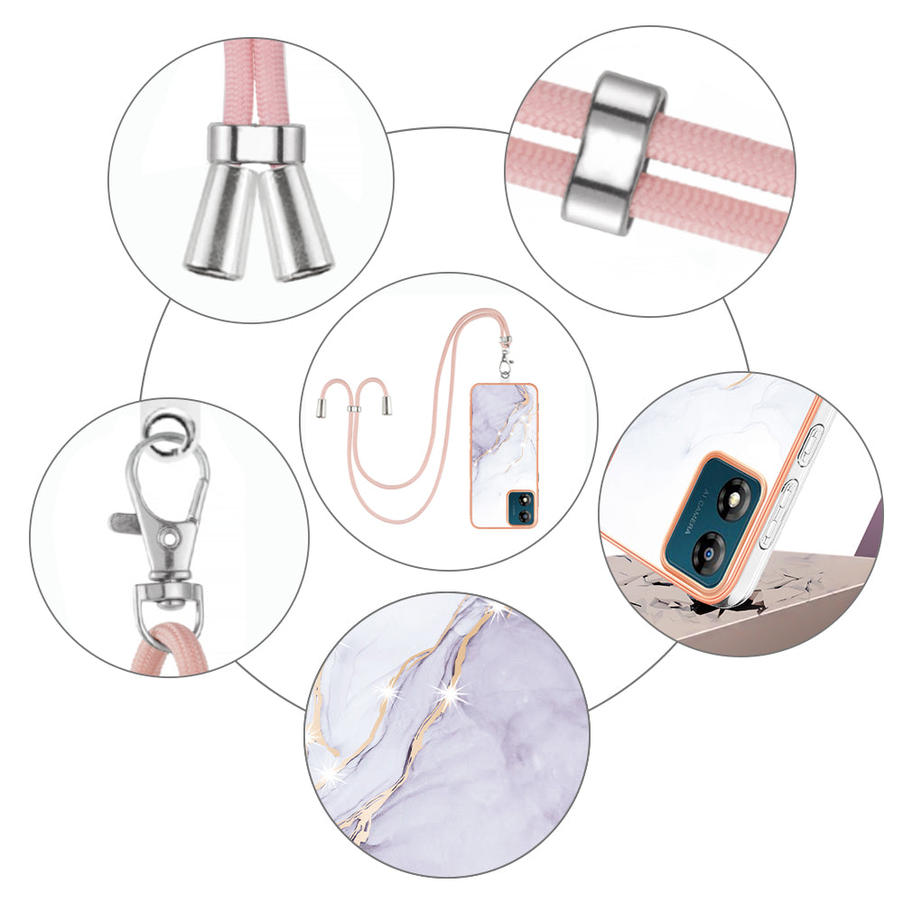 YB IMD Series-9 For Motorola Moto E13 4G IMD Marble Pattern Phone Case Electroplating TPU Anti-scratch Cover with Lanyard