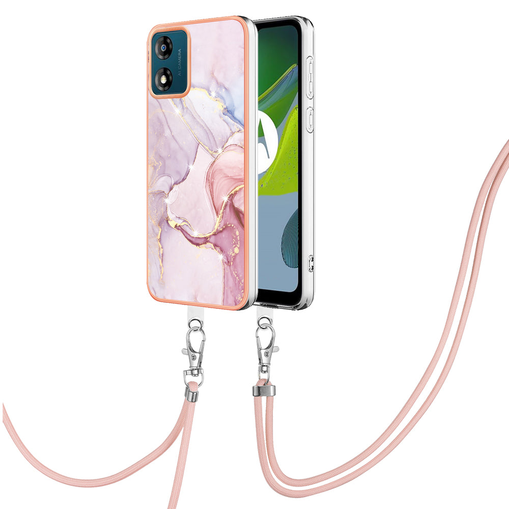 YB IMD Series-9 For Motorola Moto E13 4G IMD Marble Pattern Phone Case Electroplating TPU Anti-scratch Cover with Lanyard