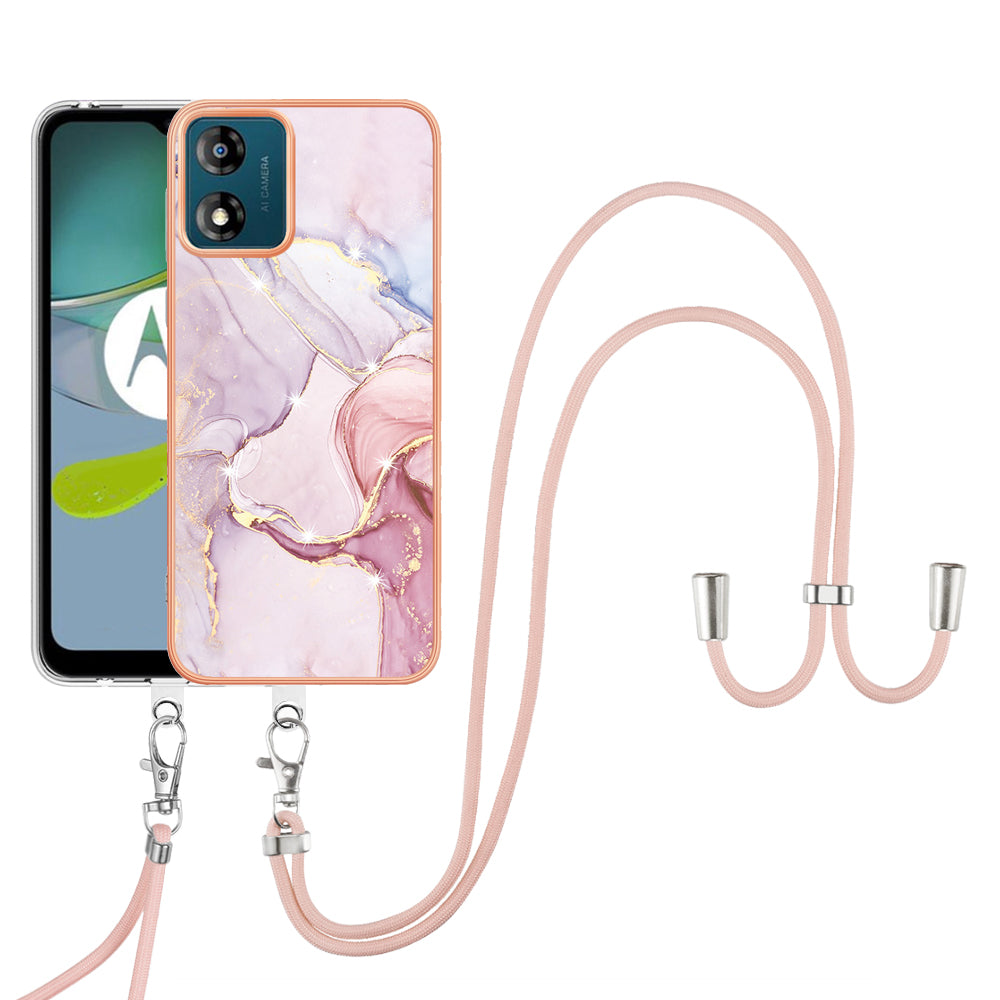 YB IMD Series-9 For Motorola Moto E13 4G IMD Marble Pattern Phone Case Electroplating TPU Anti-scratch Cover with Lanyard