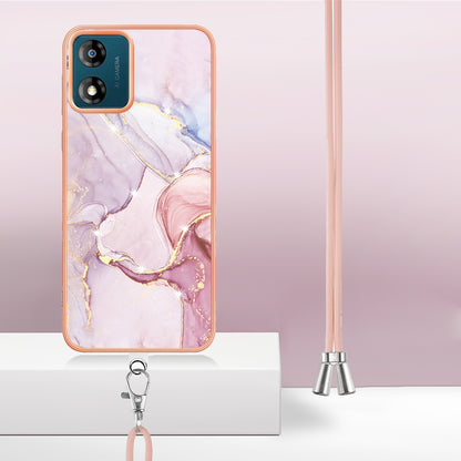 YB IMD Series-9 For Motorola Moto E13 4G IMD Marble Pattern Phone Case Electroplating TPU Anti-scratch Cover with Lanyard