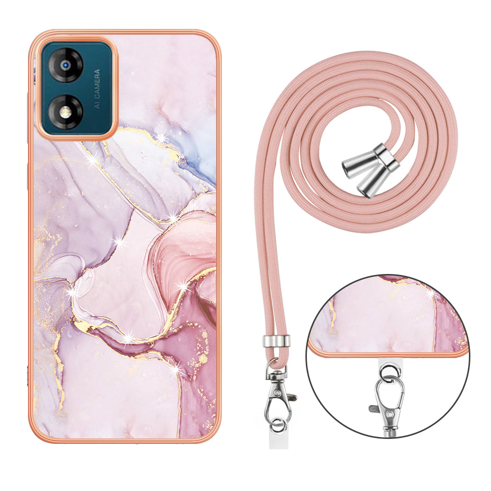YB IMD Series-9 For Motorola Moto E13 4G IMD Marble Pattern Phone Case Electroplating TPU Anti-scratch Cover with Lanyard
