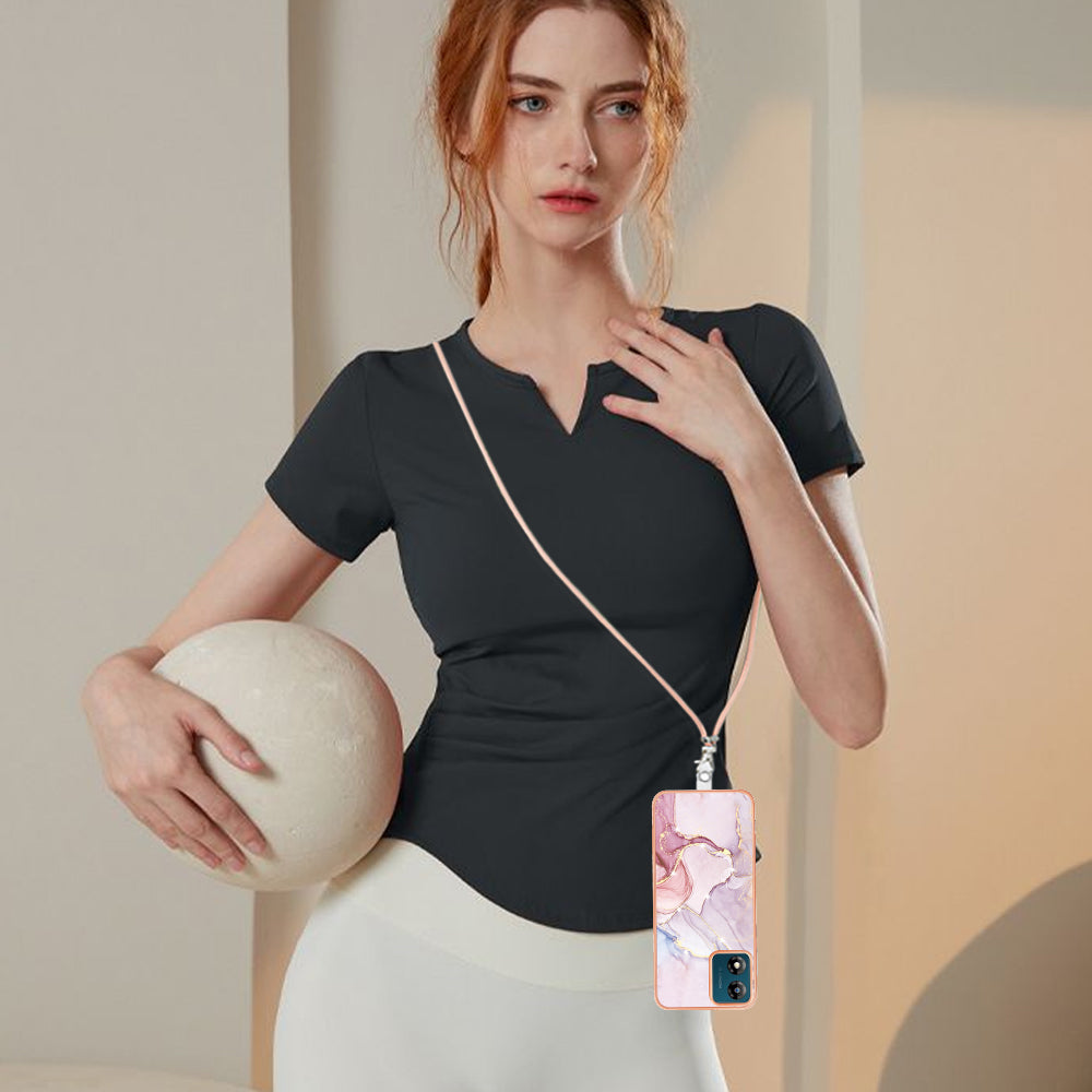 YB IMD Series-9 For Motorola Moto E13 4G IMD Marble Pattern Phone Case Electroplating TPU Anti-scratch Cover with Lanyard