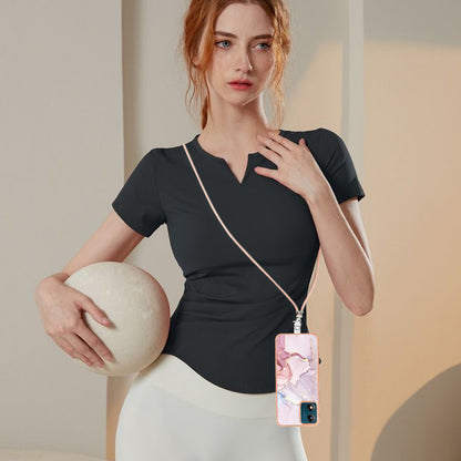 YB IMD Series-9 For Motorola Moto E13 4G IMD Marble Pattern Phone Case Electroplating TPU Anti-scratch Cover with Lanyard