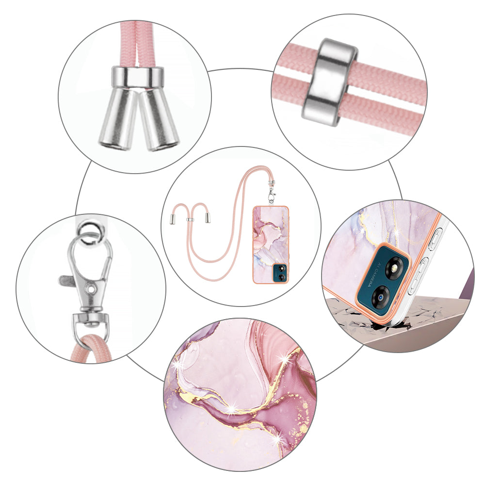 YB IMD Series-9 For Motorola Moto E13 4G IMD Marble Pattern Phone Case Electroplating TPU Anti-scratch Cover with Lanyard