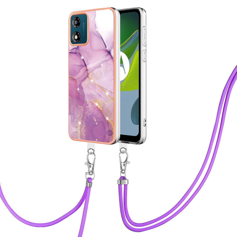 YB IMD Series-9 For Motorola Moto E13 4G IMD Marble Pattern Phone Case Electroplating TPU Anti-scratch Cover with Lanyard