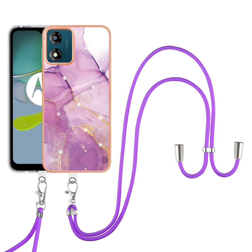 YB IMD Series-9 For Motorola Moto E13 4G IMD Marble Pattern Phone Case Electroplating TPU Anti-scratch Cover with Lanyard