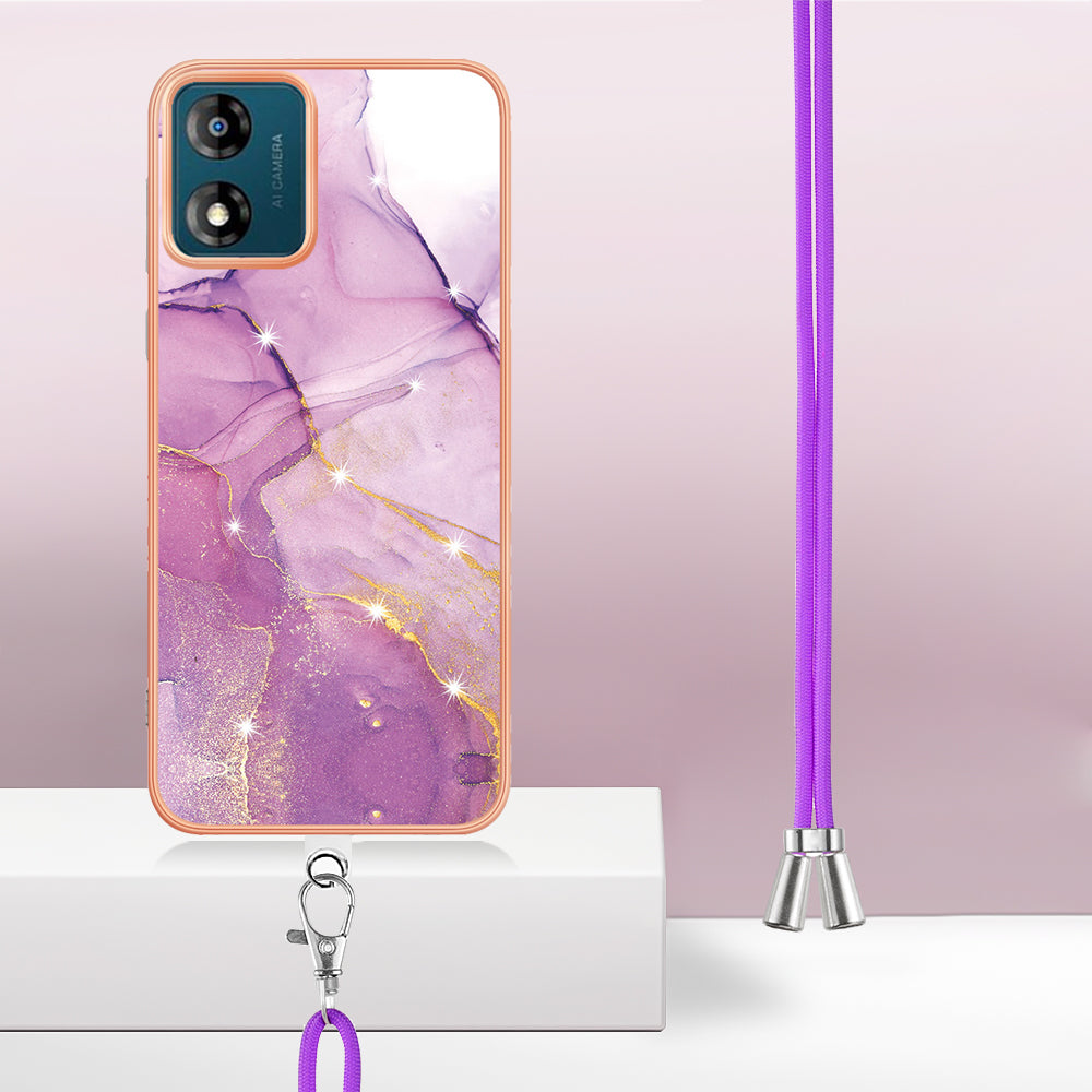YB IMD Series-9 For Motorola Moto E13 4G IMD Marble Pattern Phone Case Electroplating TPU Anti-scratch Cover with Lanyard