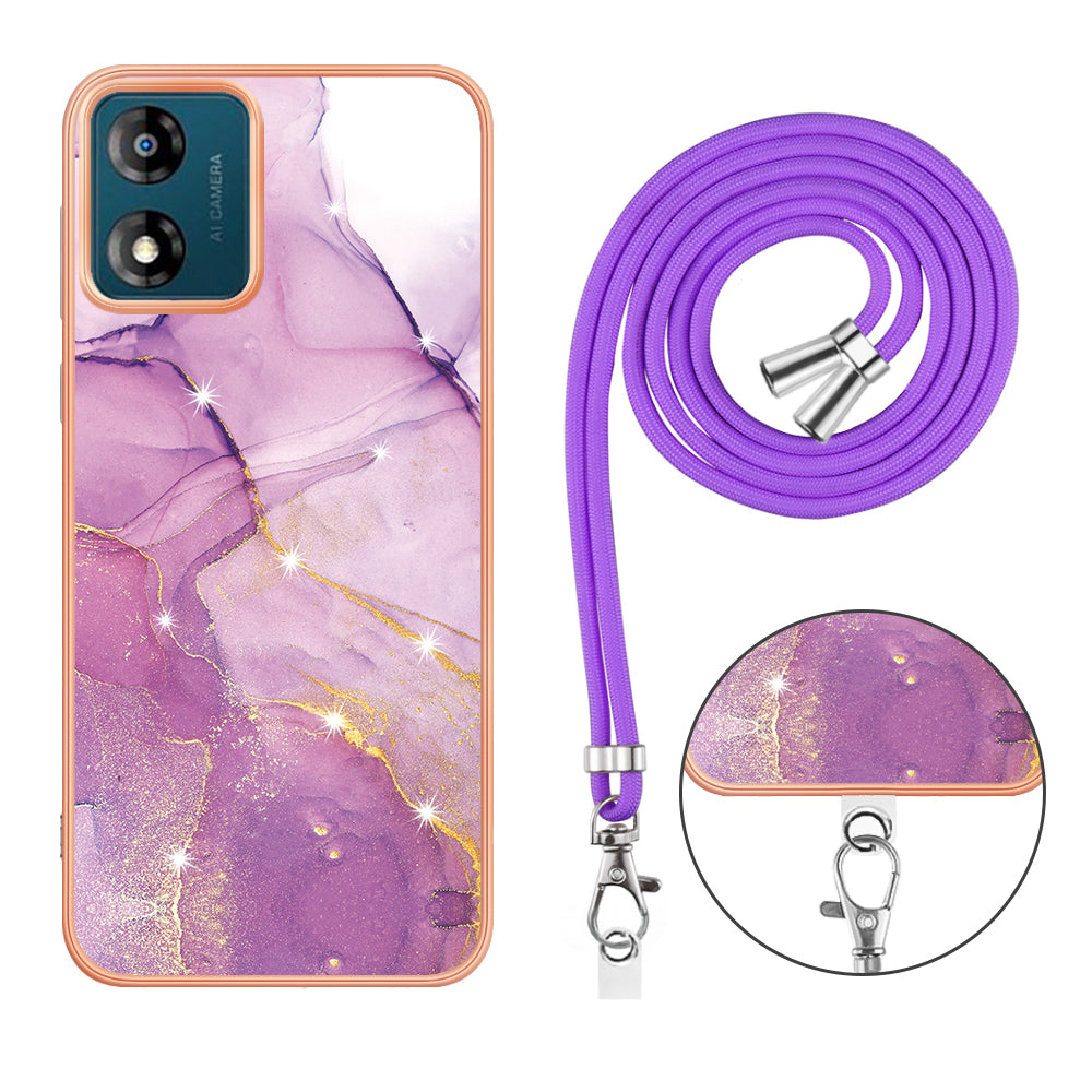 YB IMD Series-9 For Motorola Moto E13 4G IMD Marble Pattern Phone Case Electroplating TPU Anti-scratch Cover with Lanyard