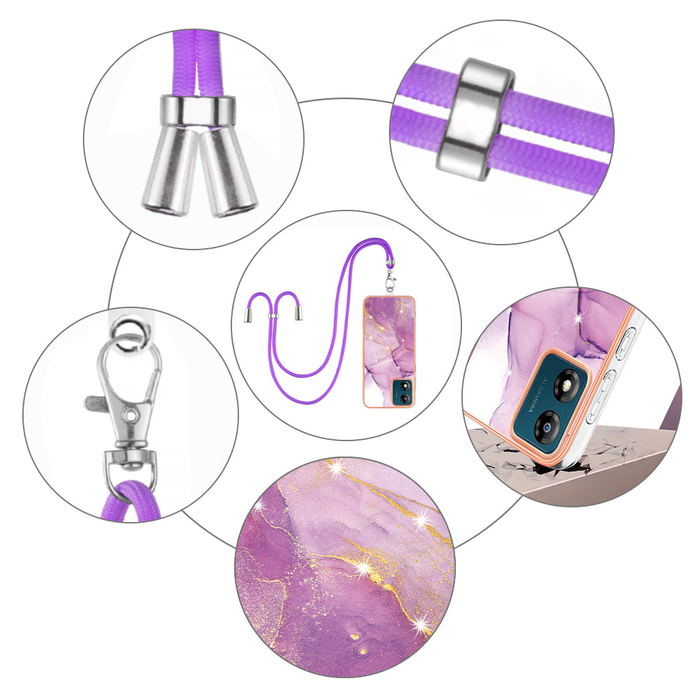 YB IMD Series-9 For Motorola Moto E13 4G IMD Marble Pattern Phone Case Electroplating TPU Anti-scratch Cover with Lanyard