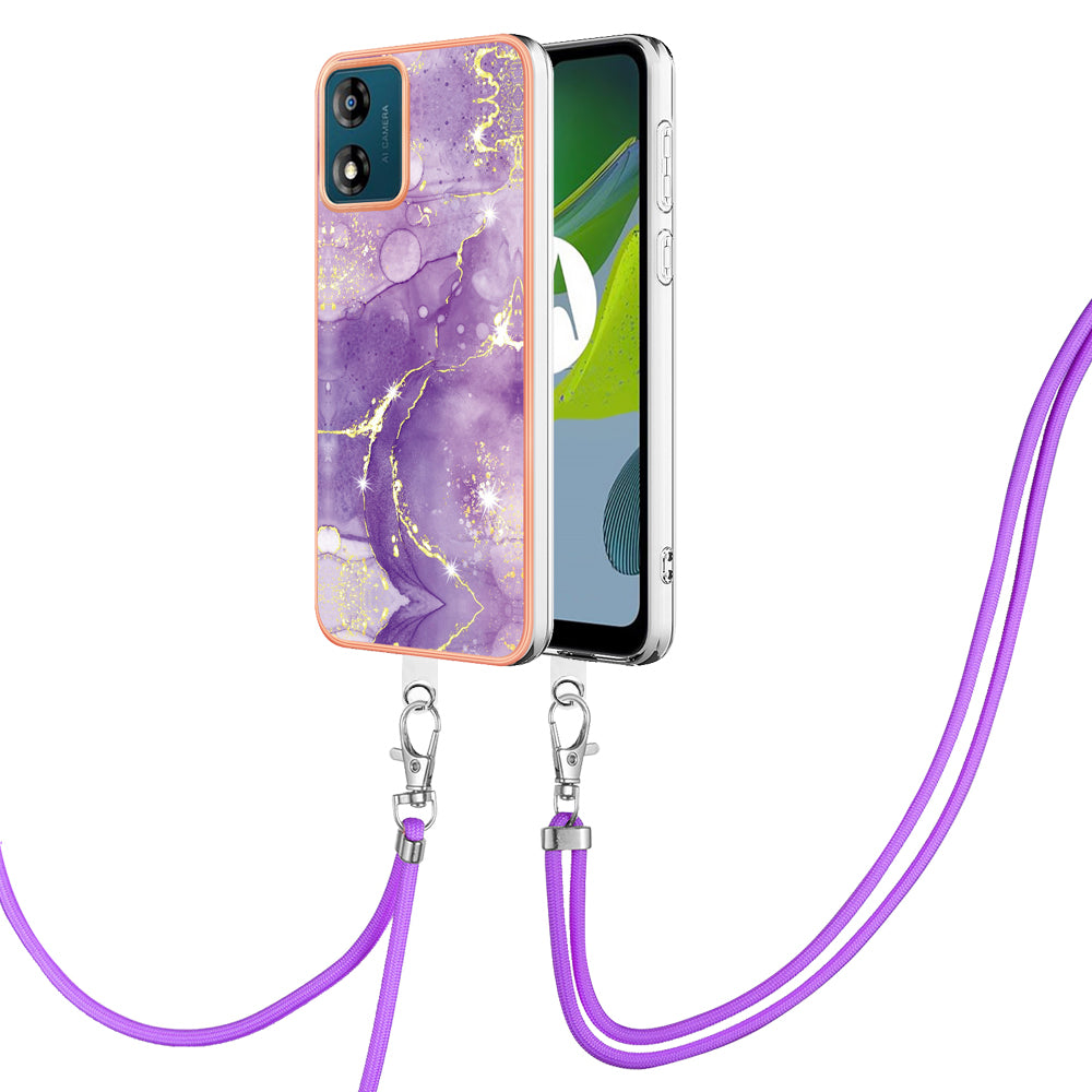 YB IMD Series-9 For Motorola Moto E13 4G IMD Marble Pattern Phone Case Electroplating TPU Anti-scratch Cover with Lanyard