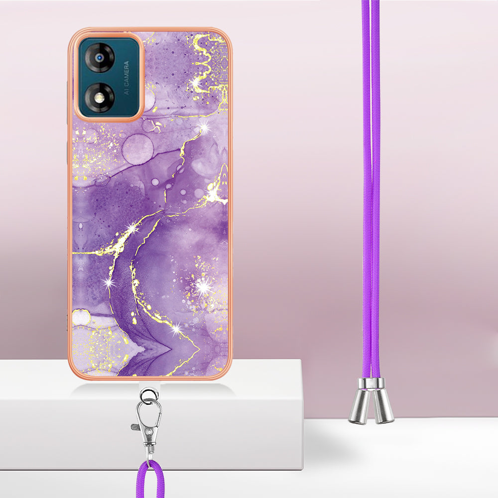 YB IMD Series-9 For Motorola Moto E13 4G IMD Marble Pattern Phone Case Electroplating TPU Anti-scratch Cover with Lanyard