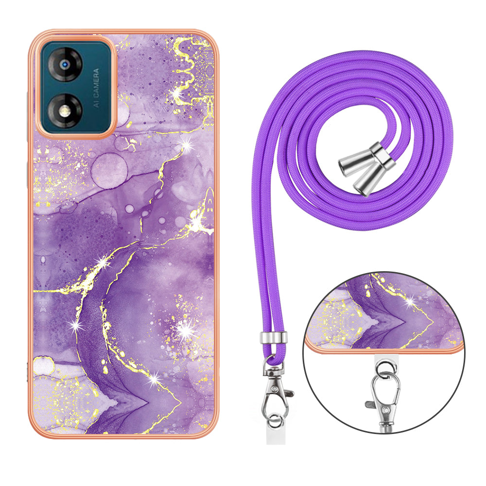 YB IMD Series-9 For Motorola Moto E13 4G IMD Marble Pattern Phone Case Electroplating TPU Anti-scratch Cover with Lanyard