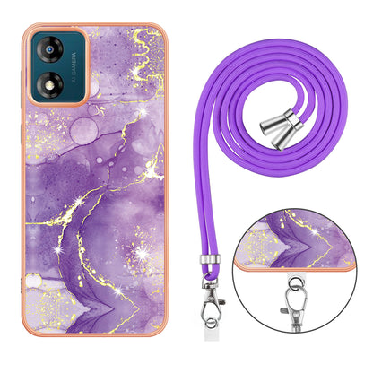 YB IMD Series-9 For Motorola Moto E13 4G IMD Marble Pattern Phone Case Electroplating TPU Anti-scratch Cover with Lanyard