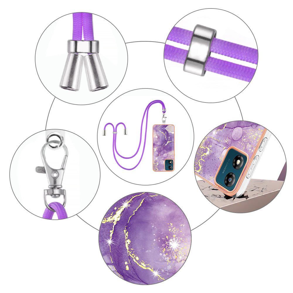 YB IMD Series-9 For Motorola Moto E13 4G IMD Marble Pattern Phone Case Electroplating TPU Anti-scratch Cover with Lanyard