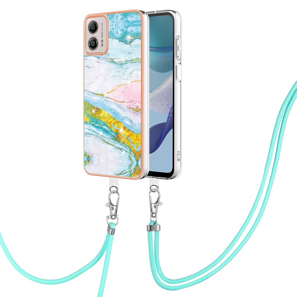 YB IMD Series-9 For Motorola Moto G53 5G / G13 4G TPU Cover Electroplated IMD Marble Pattern Phone Case with Lanyard