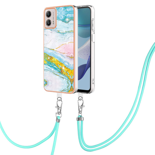 YB IMD Series-9 For Motorola Moto G53 5G / G13 4G TPU Cover Electroplated IMD Marble Pattern Phone Case with Lanyard