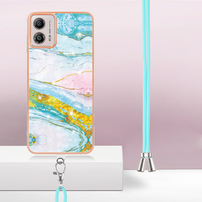 YB IMD Series-9 For Motorola Moto G53 5G / G13 4G TPU Cover Electroplated IMD Marble Pattern Phone Case with Lanyard