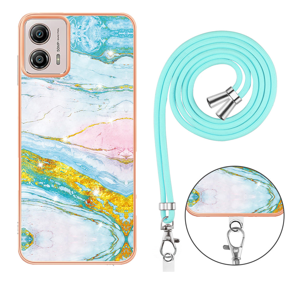 YB IMD Series-9 For Motorola Moto G53 5G / G13 4G TPU Cover Electroplated IMD Marble Pattern Phone Case with Lanyard