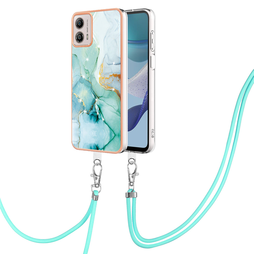 YB IMD Series-9 For Motorola Moto G53 5G / G13 4G TPU Cover Electroplated IMD Marble Pattern Phone Case with Lanyard