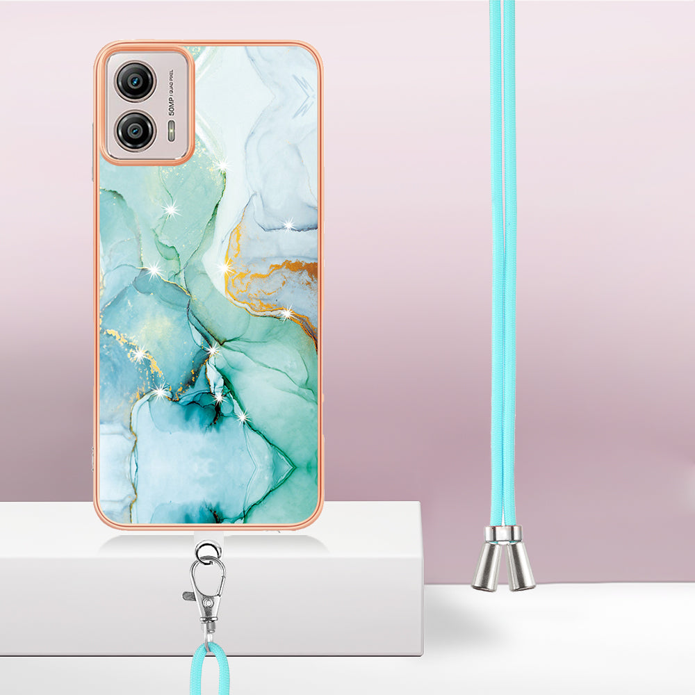 YB IMD Series-9 For Motorola Moto G53 5G / G13 4G TPU Cover Electroplated IMD Marble Pattern Phone Case with Lanyard