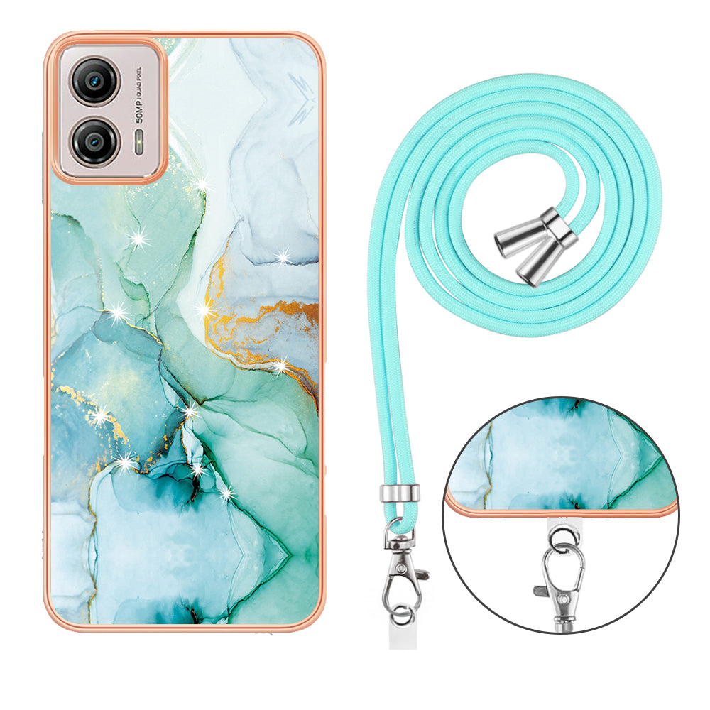 YB IMD Series-9 For Motorola Moto G53 5G / G13 4G TPU Cover Electroplated IMD Marble Pattern Phone Case with Lanyard