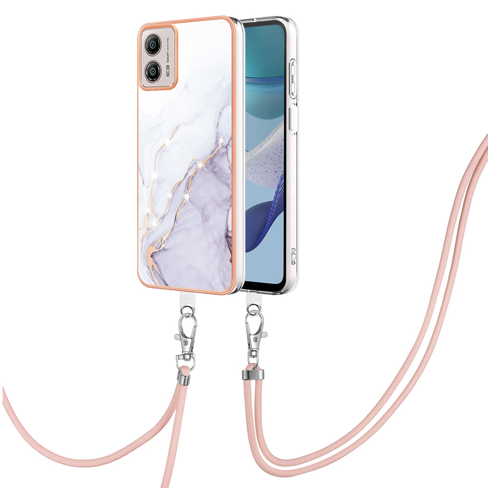 YB IMD Series-9 For Motorola Moto G53 5G / G13 4G TPU Cover Electroplated IMD Marble Pattern Phone Case with Lanyard