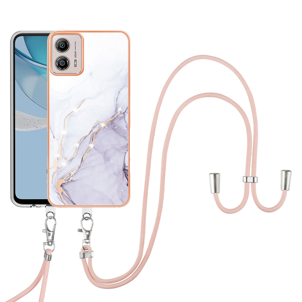 YB IMD Series-9 For Motorola Moto G53 5G / G13 4G TPU Cover Electroplated IMD Marble Pattern Phone Case with Lanyard