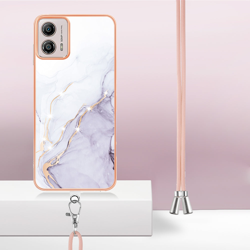 YB IMD Series-9 For Motorola Moto G53 5G / G13 4G TPU Cover Electroplated IMD Marble Pattern Phone Case with Lanyard