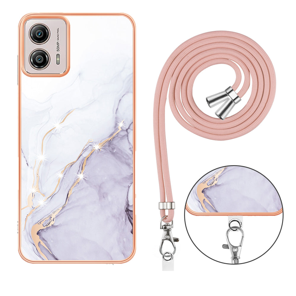 YB IMD Series-9 For Motorola Moto G53 5G / G13 4G TPU Cover Electroplated IMD Marble Pattern Phone Case with Lanyard
