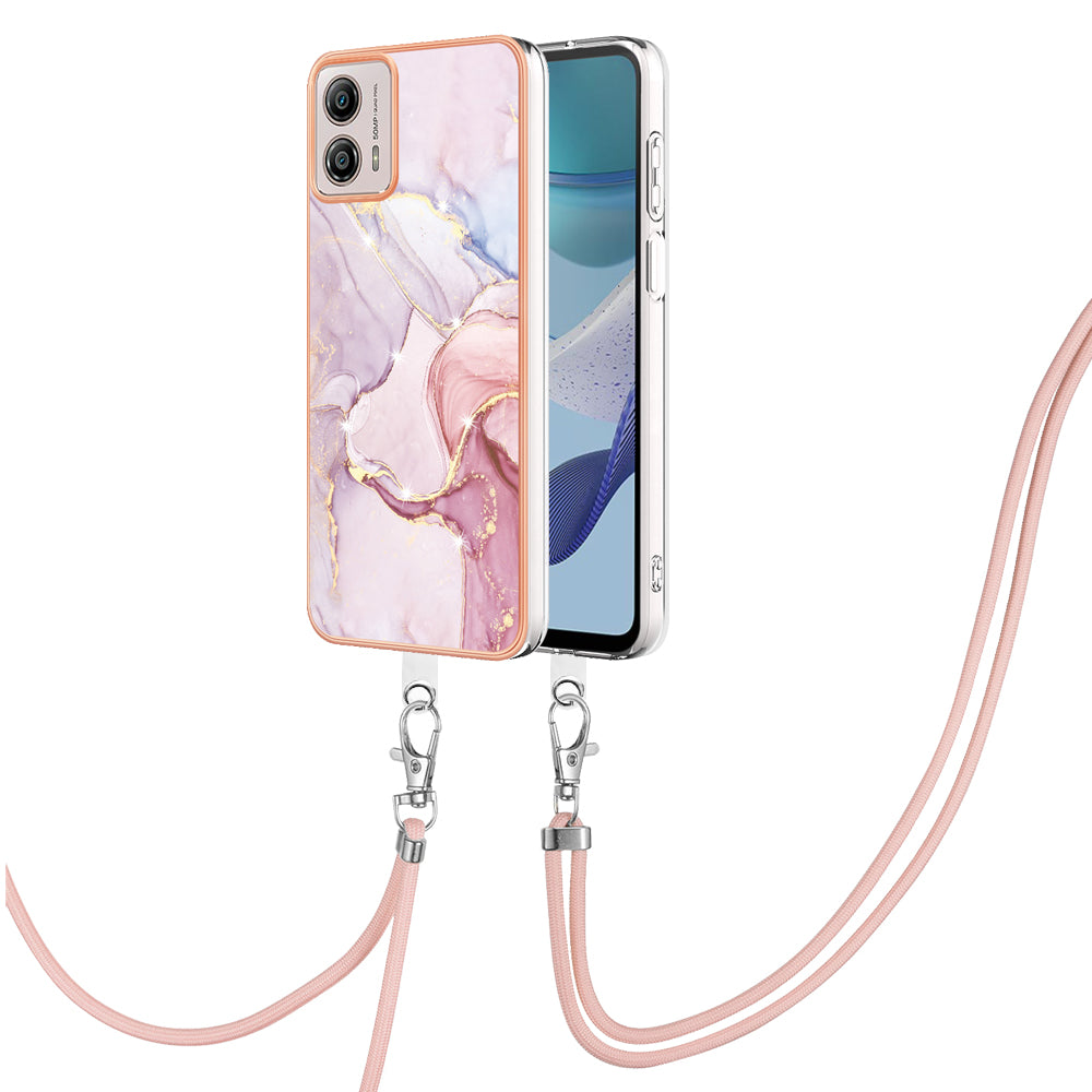 YB IMD Series-9 For Motorola Moto G53 5G / G13 4G TPU Cover Electroplated IMD Marble Pattern Phone Case with Lanyard