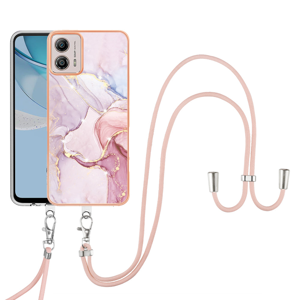 YB IMD Series-9 For Motorola Moto G53 5G / G13 4G TPU Cover Electroplated IMD Marble Pattern Phone Case with Lanyard