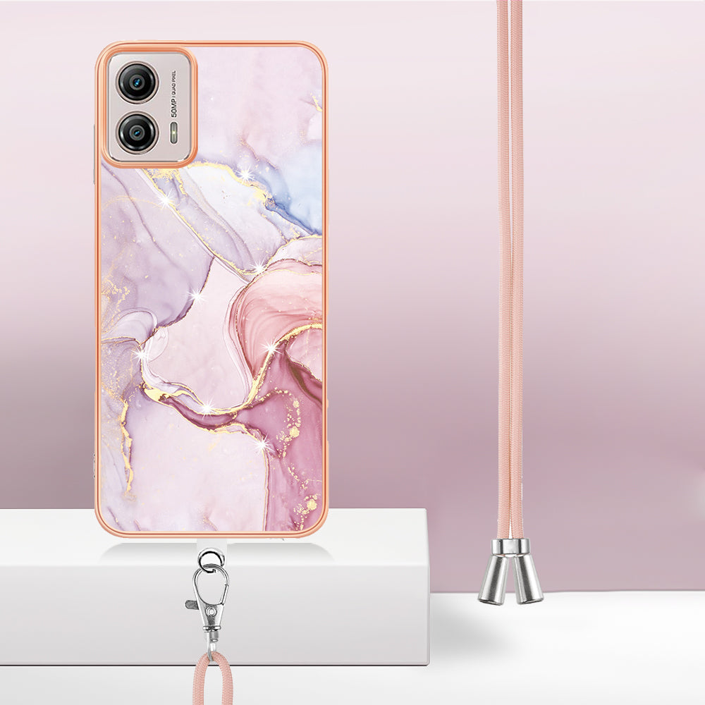 YB IMD Series-9 For Motorola Moto G53 5G / G13 4G TPU Cover Electroplated IMD Marble Pattern Phone Case with Lanyard