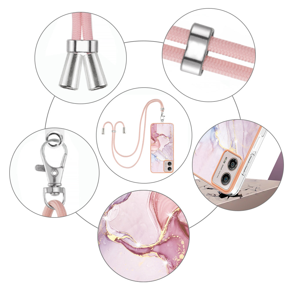 YB IMD Series-9 For Motorola Moto G53 5G / G13 4G TPU Cover Electroplated IMD Marble Pattern Phone Case with Lanyard