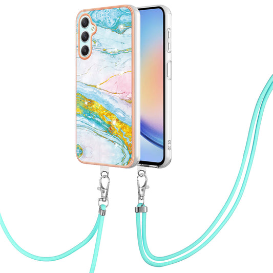 YB IMD Series-9 Marble Pattern Phone Case for Samsung Galaxy A24 4G IMD Electroplating TPU Cover with Lanyard