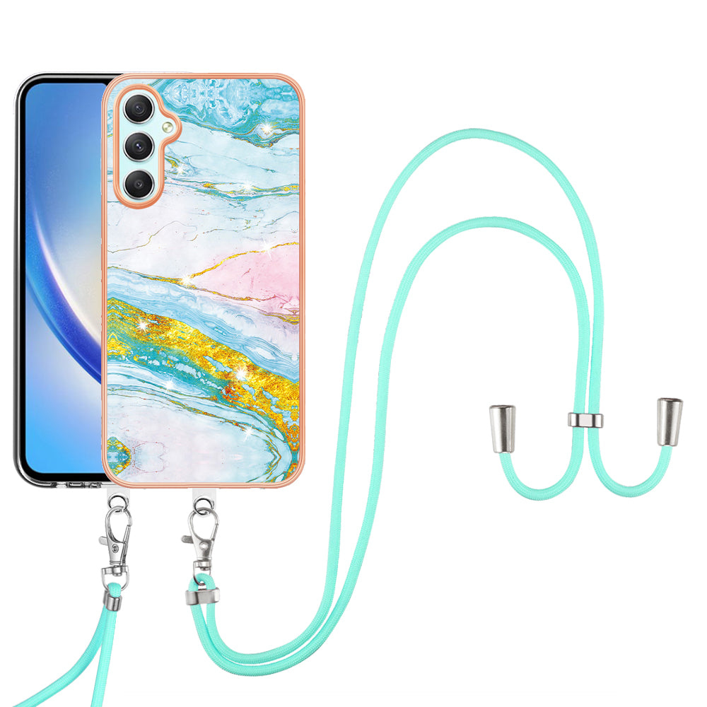 YB IMD Series-9 Marble Pattern Phone Case for Samsung Galaxy A24 4G IMD Electroplating TPU Cover with Lanyard