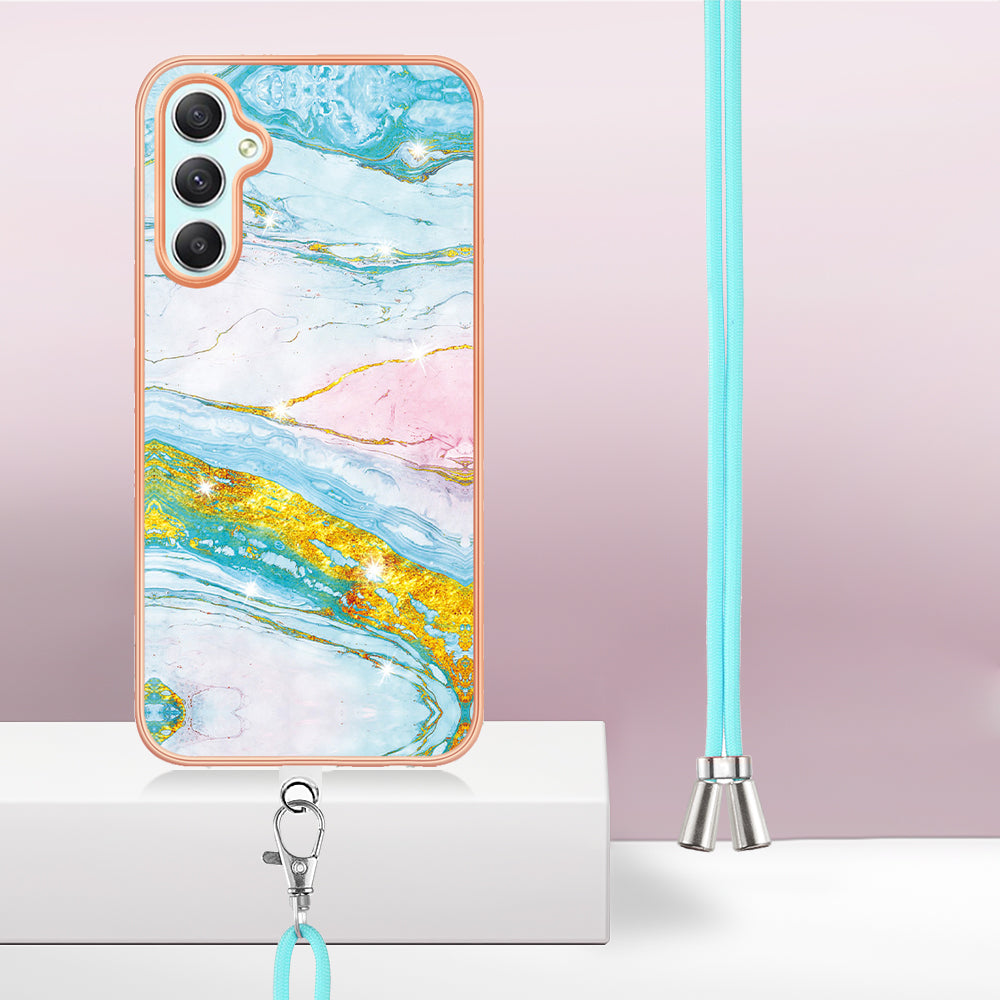 YB IMD Series-9 Marble Pattern Phone Case for Samsung Galaxy A24 4G IMD Electroplating TPU Cover with Lanyard
