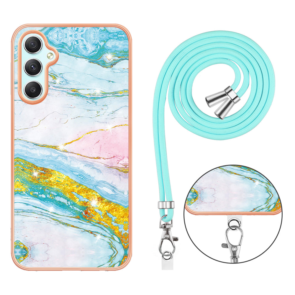 YB IMD Series-9 Marble Pattern Phone Case for Samsung Galaxy A24 4G IMD Electroplating TPU Cover with Lanyard