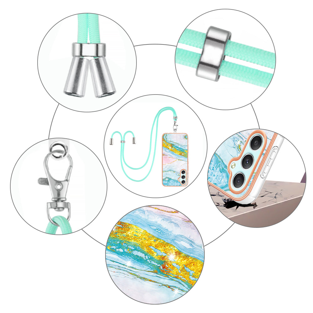 YB IMD Series-9 Marble Pattern Phone Case for Samsung Galaxy A24 4G IMD Electroplating TPU Cover with Lanyard