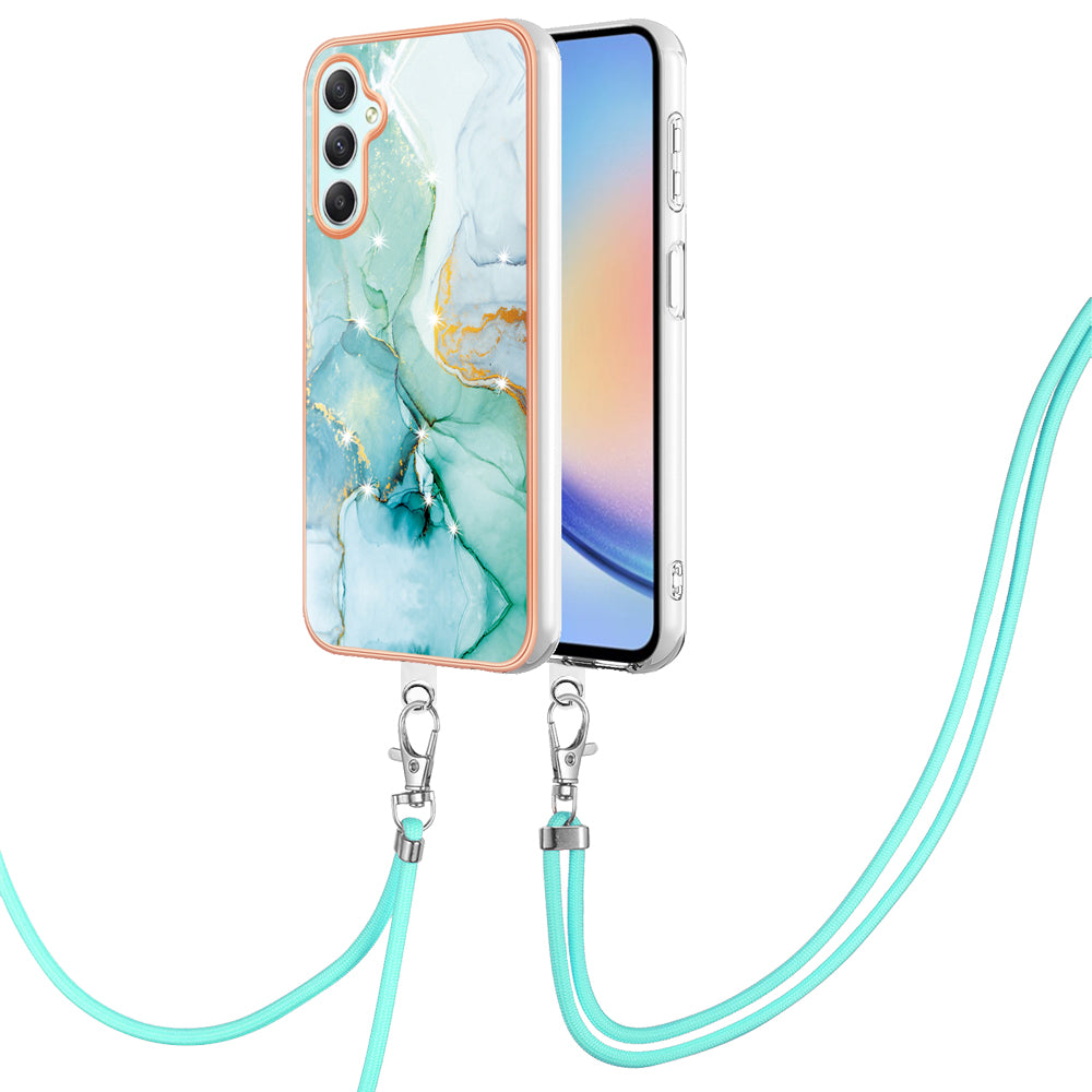 YB IMD Series-9 Marble Pattern Phone Case for Samsung Galaxy A24 4G IMD Electroplating TPU Cover with Lanyard