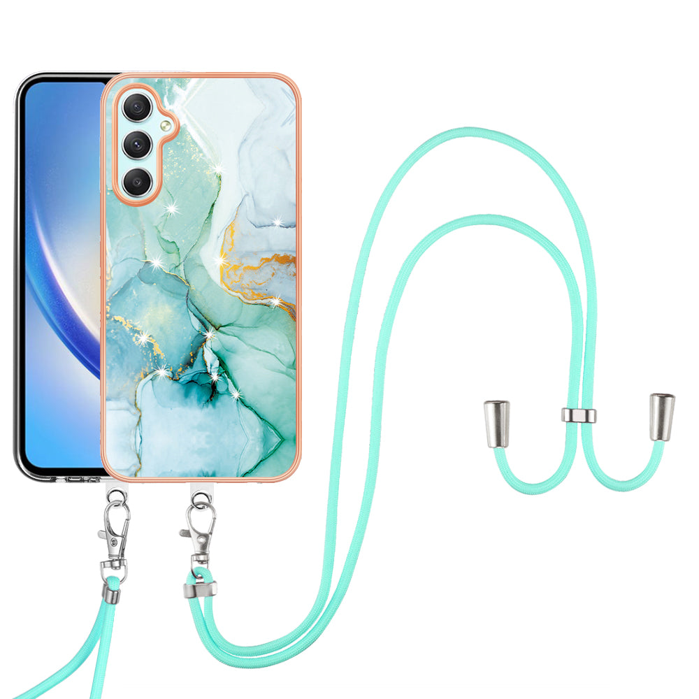 YB IMD Series-9 Marble Pattern Phone Case for Samsung Galaxy A24 4G IMD Electroplating TPU Cover with Lanyard