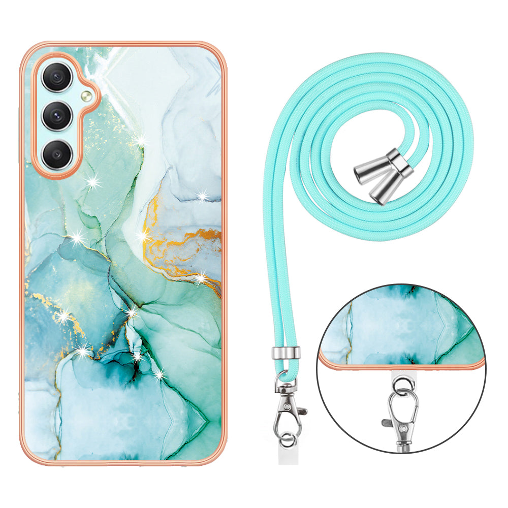 YB IMD Series-9 Marble Pattern Phone Case for Samsung Galaxy A24 4G IMD Electroplating TPU Cover with Lanyard