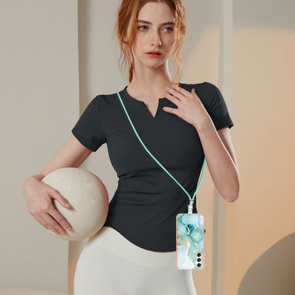 YB IMD Series-9 Marble Pattern Phone Case for Samsung Galaxy A24 4G IMD Electroplating TPU Cover with Lanyard