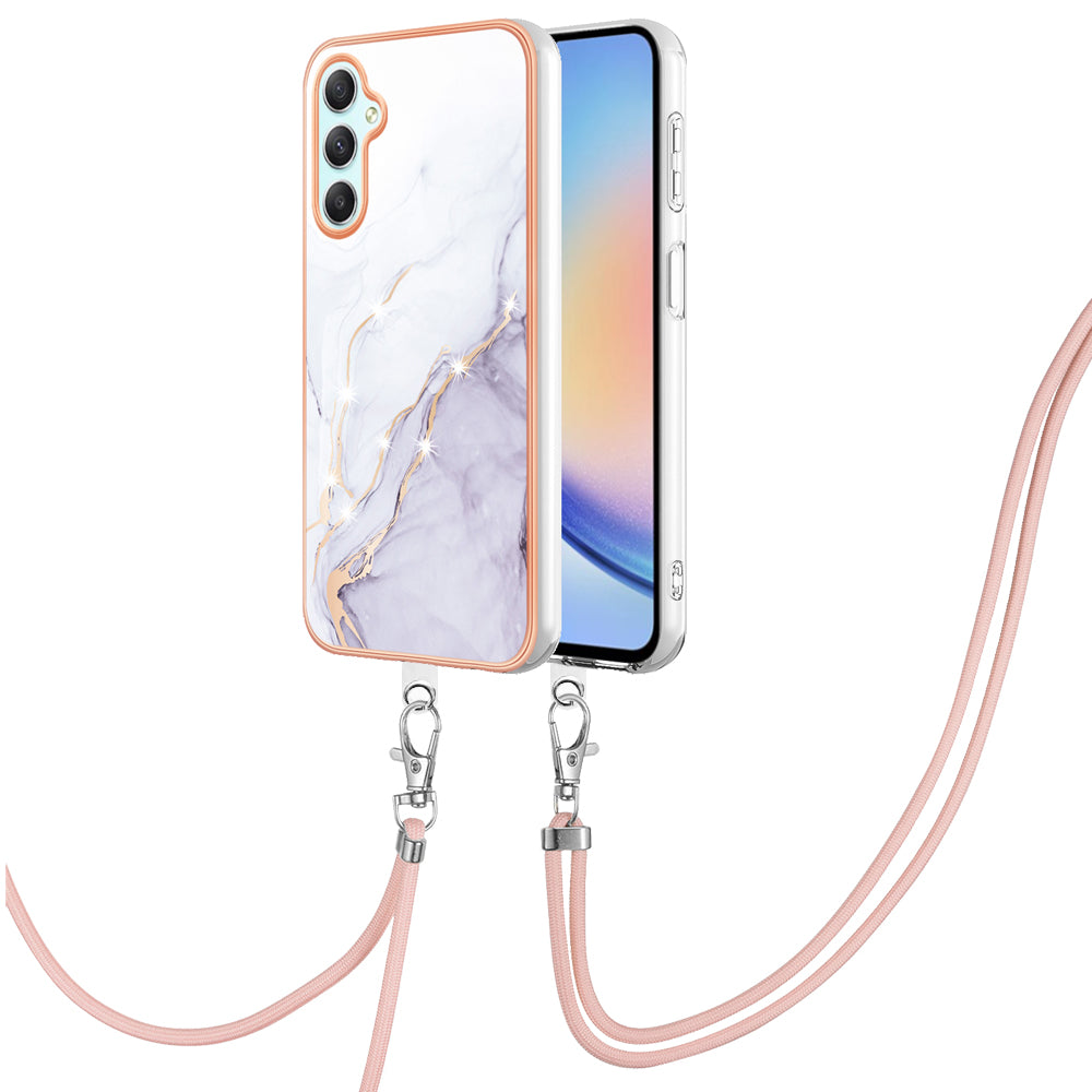 YB IMD Series-9 Marble Pattern Phone Case for Samsung Galaxy A24 4G IMD Electroplating TPU Cover with Lanyard